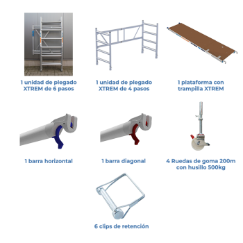 Andaime dobrável ASC 75x190 3,65m AT com rodas de borracha 300 kg