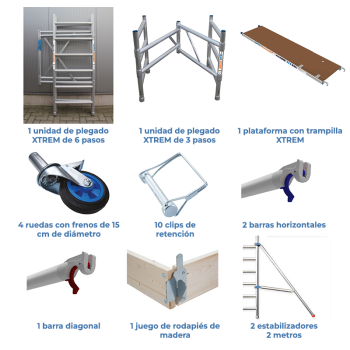 Andamio Plegable ASC 75x190 3,65m AT con barras extra + estabilizadores + rodapié | Línea XTREM
