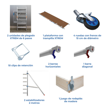 Andamio plegable ASC 75x190 4,70 m AT con estabilizadores + rodapié de madera | LÍNEA XTREM