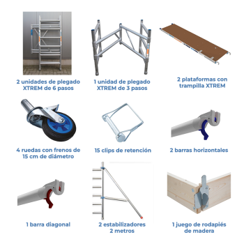 Andaime dobrável ASC 75x190 5,70 m AT com estabilizadores + rodapé de madeira | LINHA XTREM